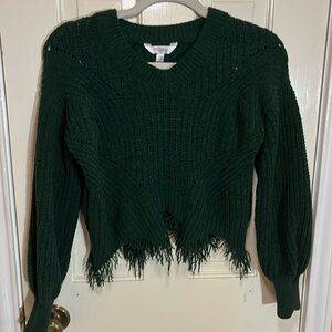 Knit Forest Green Frayed Edge Balloon Sleeve V-Neck Sweater Size XS